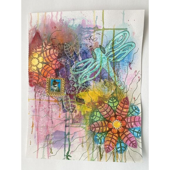 Loved Ones - Original Art Signed Kitty Cat Dragonfly Artwork Mixed Media 11"x14" - Picture 2 of 8